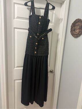 Black Tweed Bodice Maxi Dress with Gold Buttons